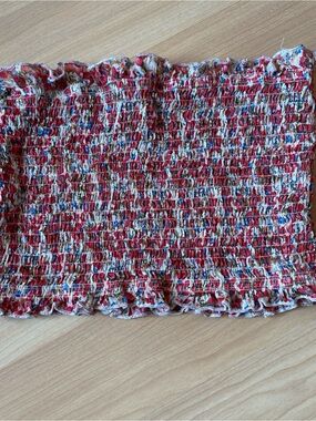 SHEIN Red Floral Smocked Tube Top with Blue & Cream Accents